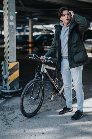 Ein zeitgenössischer Mann, der nach einer Fahrradtour auf einem Stadtparkplatz innehält, was einen Lebensstil aus Fitness und urbanem Pendeln widerspiegelt.