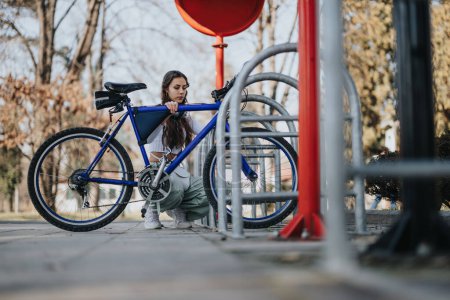 A focused young woman secures her blue mountain bike to a public bike rack in an urban park setting.
