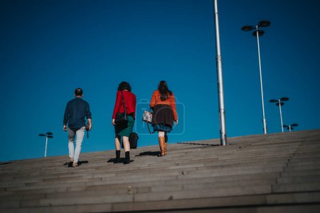 Three business professionals in smart casual attire are ascending concrete steps under a clear blue sky, portraying determination and teamwork.