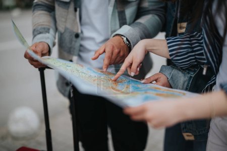 Vue rapprochée d'un groupe d'amis à l'extérieur, pointant et regardant une carte, planifiant leur itinéraire dans une ville.