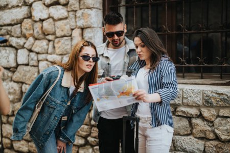 Drei junge Touristen vertieft in eine Landkarte navigieren während ihrer Reise durch die Straßen einer alten, sonnigen europäischen Stadt.