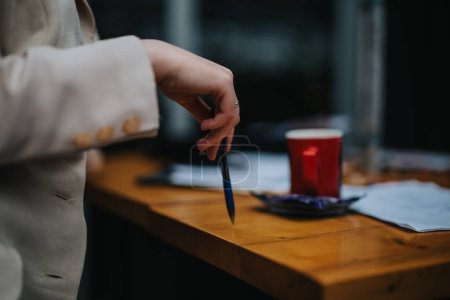 Un empresario profesional revisando documentos en un café al aire libre, pluma en mano con una taza de café rojo.