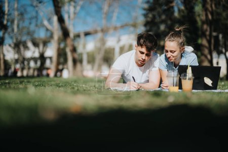 A college couple enjoys learning together outdoors with laptops and notebooks on a bright day.