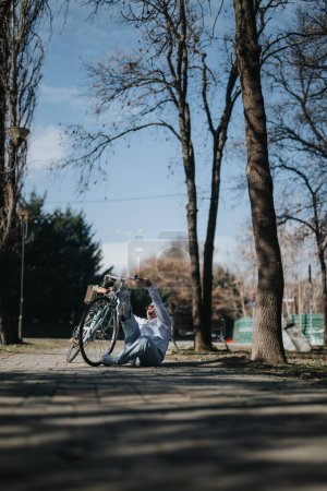 Prise de vue en plein air capturant le moment où une femme en tenue décontractée tombe de son vélo dans un parc sous les arbres d'automne nus.