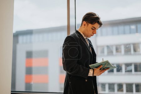 A professional male business associate engrossed in work, holding a clipboard against an urban backdrop.