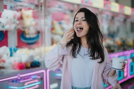 Eine lächelnde junge Frau genießt Eis vor der Kulisse einer lebhaften Spielhalle voller Plüschtiere.