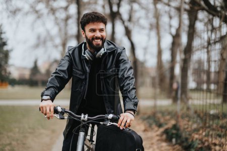 Cheerful stylish businessman with headphones cycling in an urban park, blending active lifestyle with remote working.