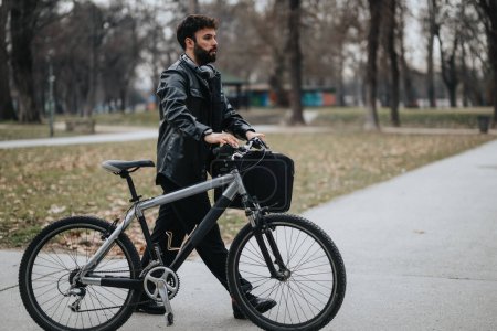 Hombre de negocios guapo al aire libre con bicicleta, atendiendo a las tareas de trabajo en un entorno tranquilo parque de la ciudad.