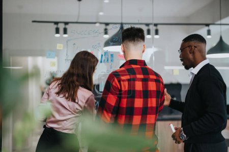 A dynamic multiracial team of young business colleagues engages in a brainstorming session in a contemporary office, writing on glass walls and discussing project stats.