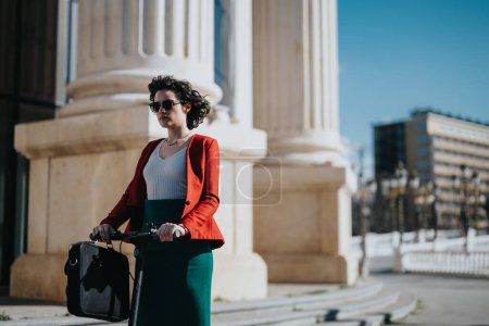 Confident female professional in a smart red blazer walking outdoors with briefcase in urban setting.