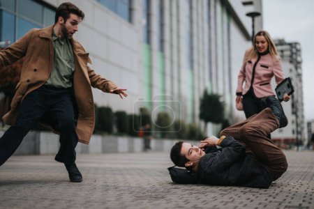 Eine Outdoor-Szene junger Geschäftsleute im Freien, bei der ein Mann auf dem Boden liegt und ein anderer die Hand ausstreckt