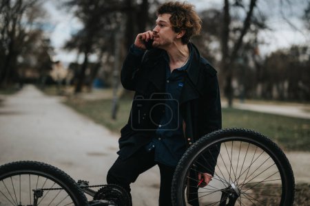 A young male entrepreneur is multitasking by fixing his bicycle while talking on the phone in a tranquil park.