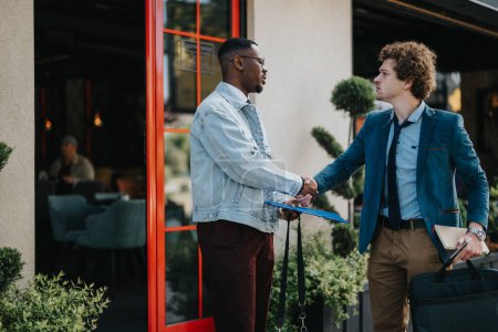 An outdoor business meeting captures two businessmen shaking hands with welcoming smiles in front of a stylish cafe, exuding a professional, yet cordial atmosphere.