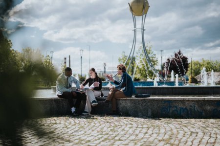 In a vibrant city park, mixed race business coworkers are engaged in a strategic meeting, analyzing documents and discussing key points by a fountain.