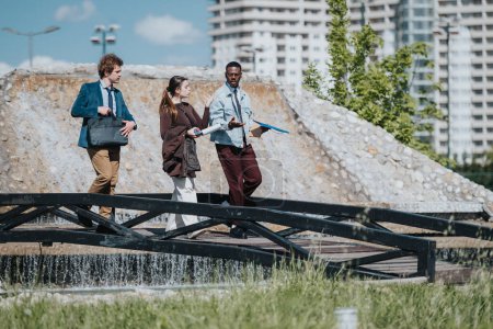 A mixed-race group of businesspeople engage in a dynamic discussion while walking across a bridge with an urban construction backdrop.