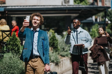 Junge Geschäftsleute, die ein Selfie machen, während sie im Freien arbeiten und dabei Technologie verwenden, während Menschen in einer geschäftigen städtischen Umgebung herumlaufen.