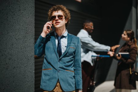 Ein gut gekleideter junger Mann im schicken blauen Blazer telefoniert während eines Outdoor-Geschäftstreffens mit Kollegen im Hintergrund.