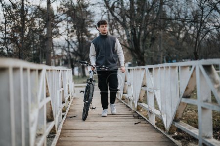 A casual teen boy walks with his bike on a wooden bridge in the park, enjoying a leisurely day outdoors.