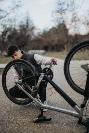 Casual adolescente toma un descanso para reparar su bicicleta en el parque, mostrando un momento de independencia y habilidades para resolver problemas.