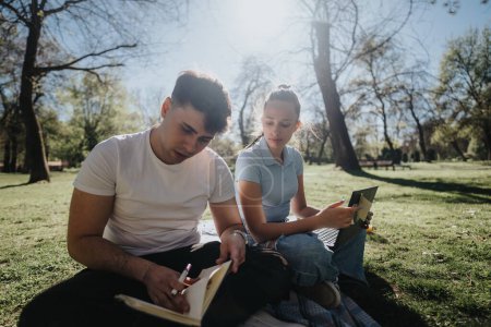 Two high school students study and collaborate on homework in an outdoor setting, using books and a laptop.