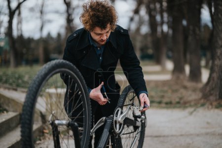 Un jeune homme d'affaires en tenue décontractée réparant son vélo dans la tranquillité d'un cadre de parc.