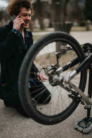 Ein junger Geschäftsmann macht eine Pause, um sein Fahrrad im Park zu reparieren und demonstriert Problemlösungskompetenz.