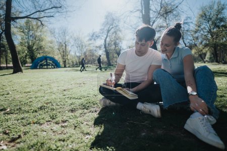 Zwei Gymnasiasten sitzen auf Gras, lernen zusammen und diskutieren an einem sonnigen Tag im Freien über ein Projekt.