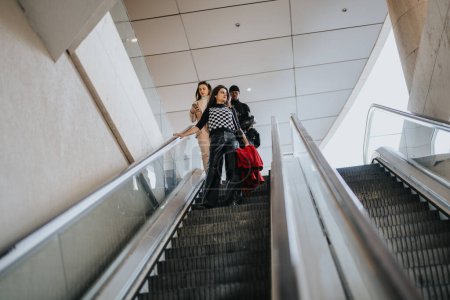 A dynamic trio of young people ascending an escalator in a contemporary business environment, depicting career growth and teamwork.