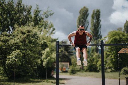 Homme sportif faisant des pull-ups sur les barres dans un parc urbain sous un ciel clair, représentant la santé, la force et l'exercice en plein air.