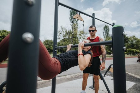 Focused man in a red tank top coaches a woman performing an exercise at an outdoor gym, emphasizing teamwork and fitness.