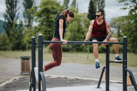 A man and a woman engaging in an outdoor exercise session using park gym equipment, demonstrating teamwork and fitness in a natural setting.