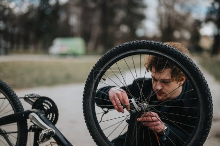 Un entrepreneur fait une pause pour réparer son vélo dans la tranquillité d'un parc, mêlant affaires et loisirs.