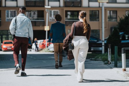 Drei junge Erwachsene in stylischer Businesskleidung gehen selbstbewusst über eine Straße in der Stadt und steuern möglicherweise an einem hellen Tag ein Geschäftstreffen an..