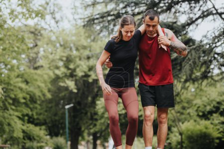 Fit man assists his girlfriend who has hurt her leg while jogging in a lush green park, showcasing concern and support.