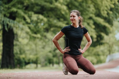 A fit young woman wearing sportswear kneels and stretches on a track in a lush green park, portraying a healthy lifestyle and fitness dedication.