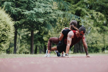 Un hombre tatuado realizando flexiones con su novia en la espalda, demostrando trabajo en equipo y fuerza en un entorno de parque sereno.