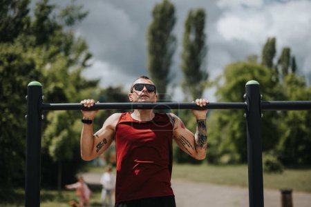 A muscular man in sportswear training on pull-up bars in an urban park, showcasing dedication and physical fitness under a sunny sky.