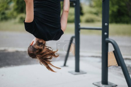 Una escena dinámica de una mujer que realiza un ejercicio al revés en un gimnasio de parques, mostrando fuerza y flexibilidad.