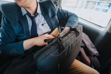 Un homme d'affaires concentré dans un costume à l'intérieur d'une voiture, tenant une mallette, respirant un sentiment de professionnalisme et de productivité en déplacement.