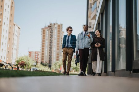 Trois jeunes professionnels se sont engagés dans une réunion d'affaires informelle tout en marchant dans un paysage urbain, concentré et communicatif.