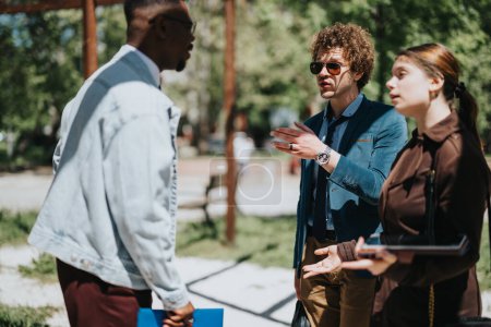 Three businesspeople engage in a lively discussion at an outdoor meeting in an urban park. They exchange ideas under the sun, showcasing teamwork and collaboration.