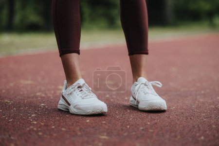 A detailed close-up of a runners feet clad in white sneakers, set against the textured surface of a red running track, ready for exercise.