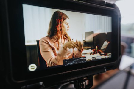 Eine professionelle junge Frau ist während der Arbeit an ihrem überladenen Schreibtisch im Büro zutiefst fokussiert, eine Szene, die durch einen digitalen Kameramonitor aufgenommen wurde.