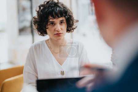 Geschäftsfrau hört einem Kollegen bei einem Meeting in einem stilvollen, modernen Café-Ambiente aufmerksam zu. Fokussierung, professionelle Interaktion und moderne Arbeitsdynamik.