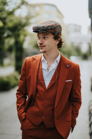 Stilvoller junger Mann in orangefarbenem Anzug und karierter Mütze steht auf einer Straße in der Stadt und strahlt Selbstbewusstsein und moderne Mode aus.
