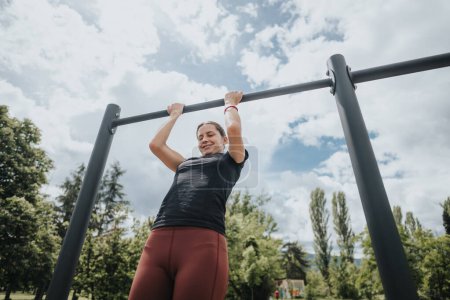 A motivated young woman exercises on pull-up bars at a public park, demonstrating strength and vitality under a bright sky.