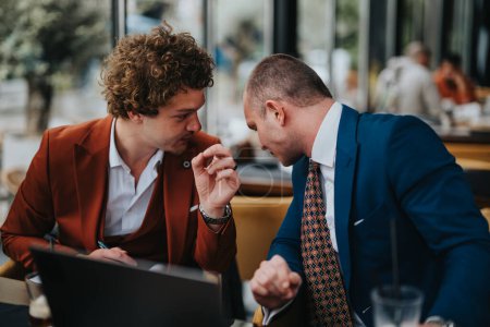 Two smartly dressed businessmen engaged in a private conversation at a modern cafe, demonstrating trust and collaboration.
