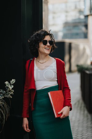 Happy female entrepreneur in casual business attire with a red blazer and green skirt holding a red notebook.