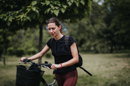 A focused woman walking with her bike through a park filled with greenery, epitomizing an active, healthy lifestyle outdoors.