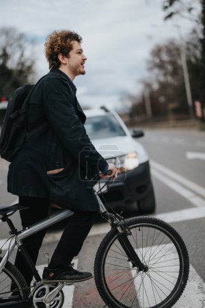 Un homme d'affaires avec un sac à dos sur un vélo attend à un passage à niveau, mettant en valeur le transport urbain durable.